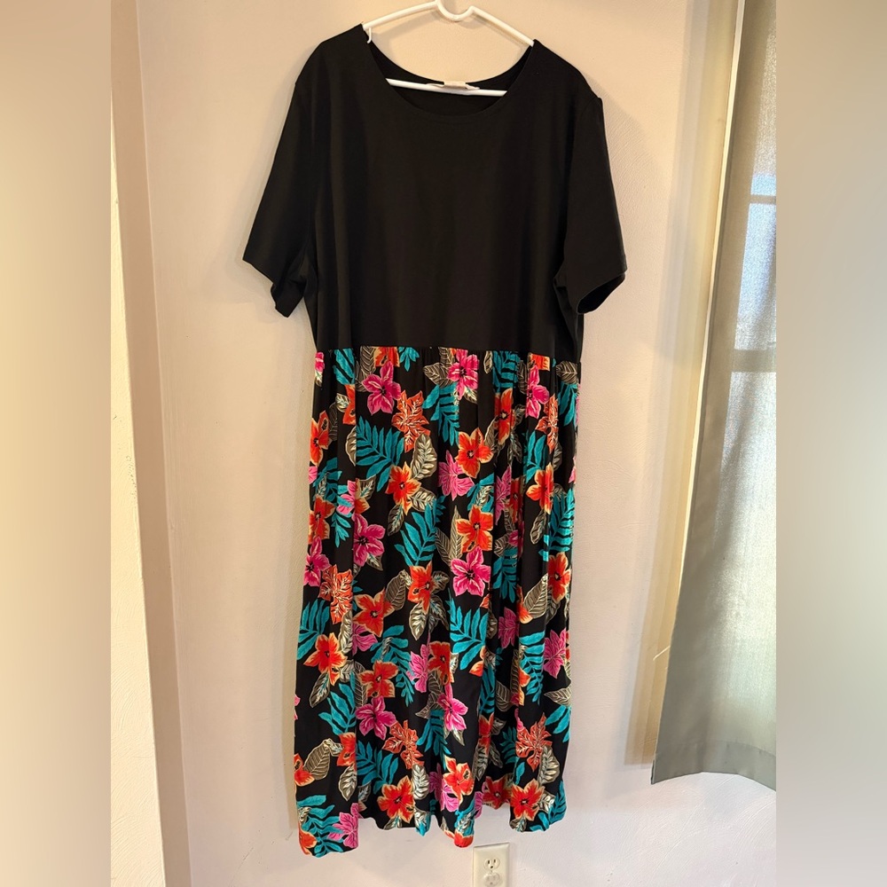 Women's Black Maxi Dress with Tropical Floral Skirt 3XL